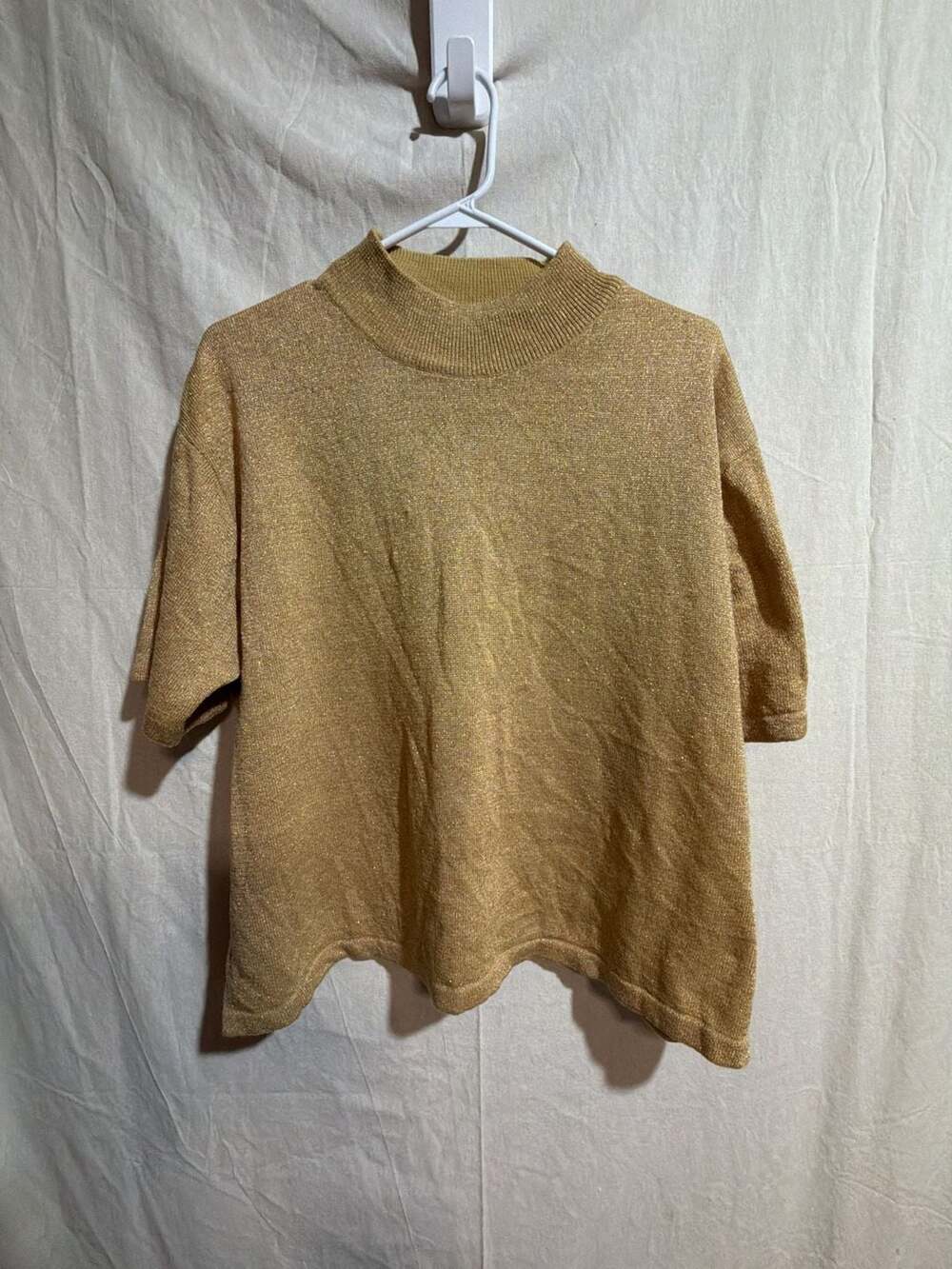 Joan Leslie Vintage Gold Metallic Sparkle Knit Mock Neck Short Sleeve Blouse 2X